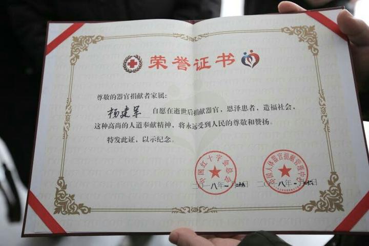 中国红十字会总会和中国人体器官捐献中心联合颁发的捐献荣誉证书