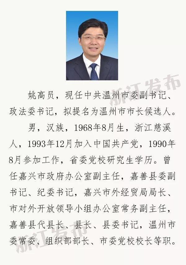 姚高员拟提名温州市市长候选人