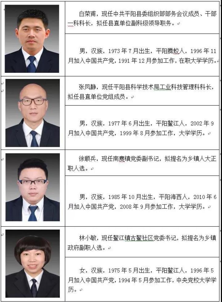 平阳拟提拔转任重要岗位县管领导干部任前公示