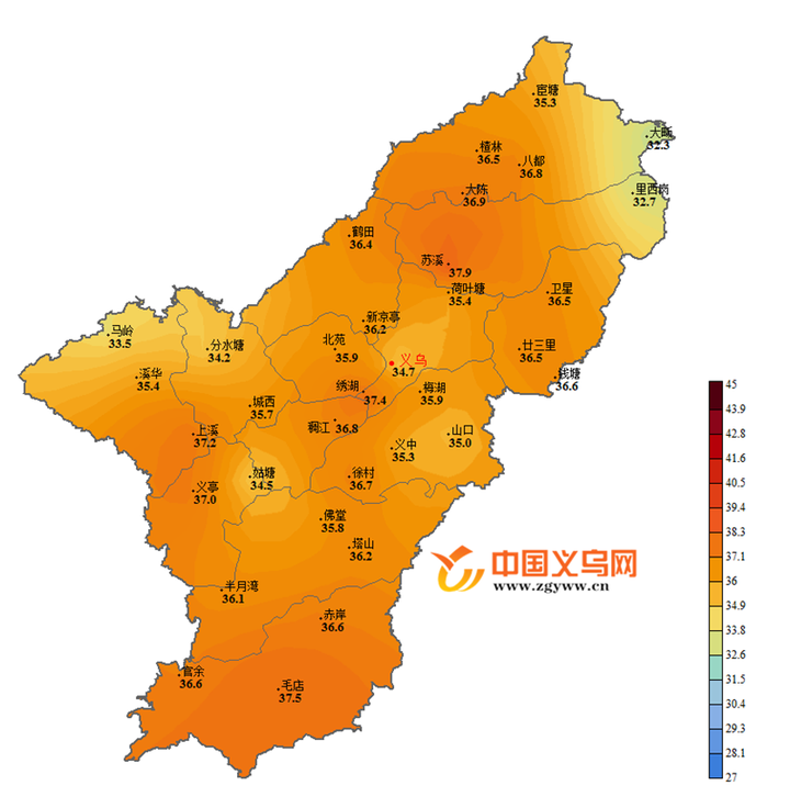 今天(5月16日)12时10分,义乌市气象台发布今年首个高温橙色预警信号