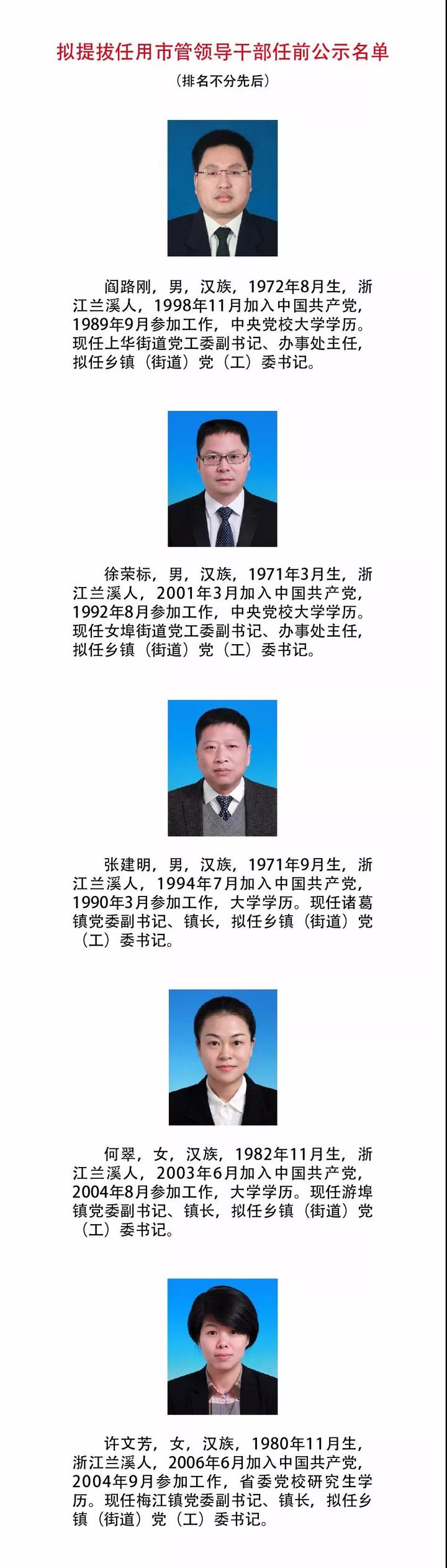 兰溪市市管领导干部任前公示通告