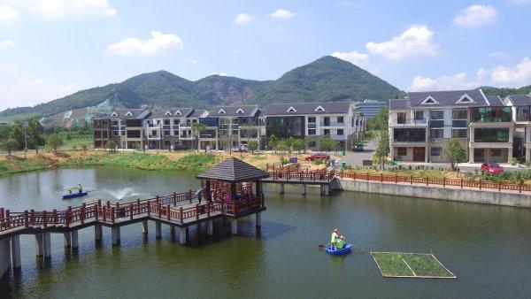 8月5日,空中俯瞰湖州市吴兴区埭溪镇小羊山村,民居新村鳞次栉比,庭院