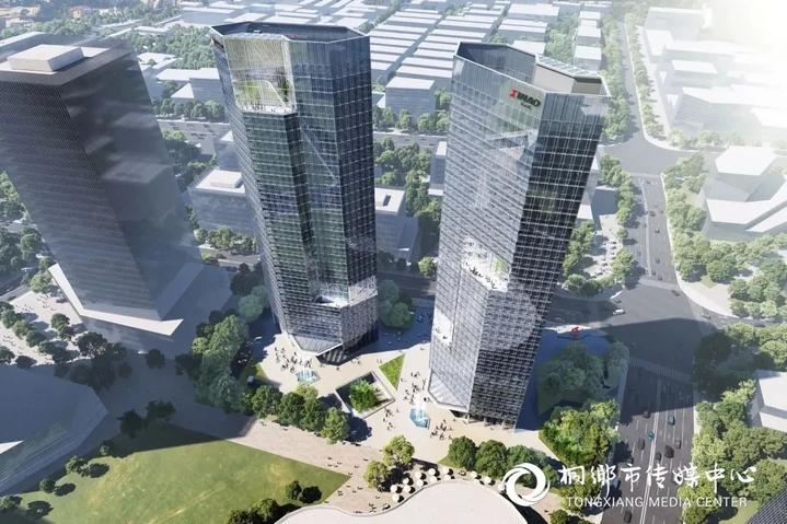 往东,凤凰湖总部基地内,桐昆集团总部大楼,中国巨石科技中心建设如火