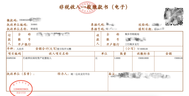 小票据跑出大民生桐乡市上线电子非税收入一般缴款书
