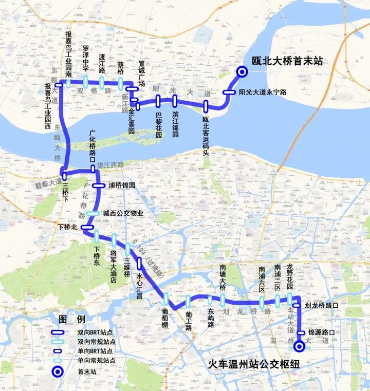 线路图由火车温州站公交枢纽始发,沿途设锦源路口(往行,划龙桥路口