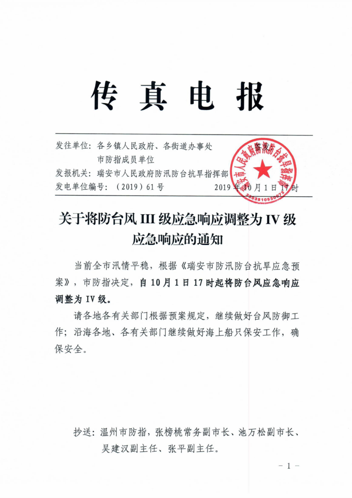 瑞安市防台风应急响应17时从Ⅲ级调整为Ⅳ级