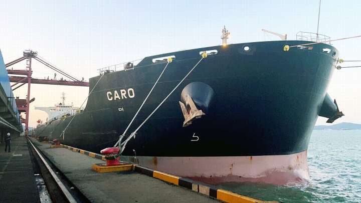 10月2日，装载13.6万吨哈萨克斯坦煤炭的MV CARO（卡罗）号轮靠泊浙能六横煤炭中转码头。 严斐 提供 _proc.jpg