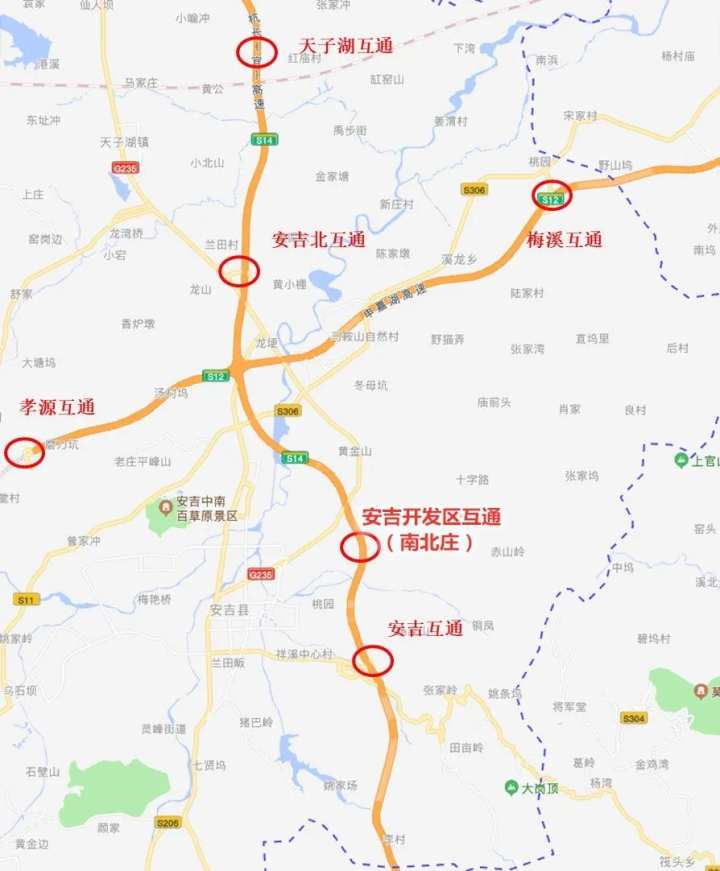 进出均在杭长高速公路天子湖,安吉北,安吉收费站和申嘉湖高速公路梅溪