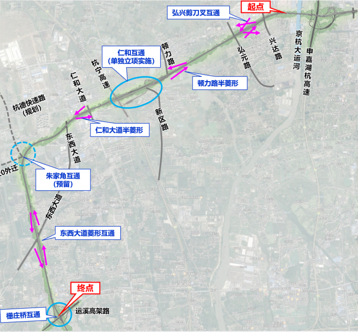 段)改建工程起点顺接东西大道运河大桥改造工程,与杭州中环临平段相接